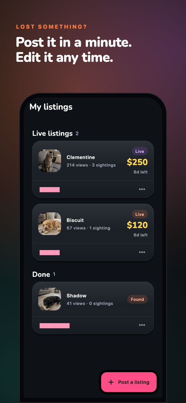 App screenshot of the my listings screen