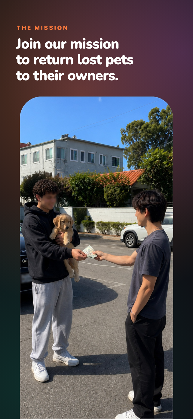 Photograph of one person holding a found golden retriever puppy while another hands them cash, captioned Join our mission to return lost pets to their owners