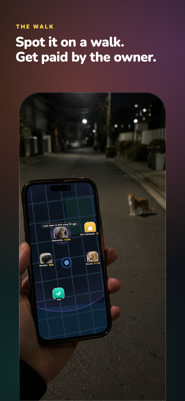 Photograph of a hand holding a phone on a night walk, the app's map of nearby listings on its screen and an orange cat standing in the street ahead, captioned Spot it on a walk. Get paid by the owner.